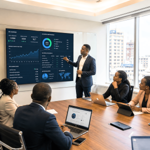 African business professionals in a modern boardroom analyzing AI-powered SEO and digital marketing performance dashboards during a strategic meeting in Nairobi. The team reviews SEO analytics, AI search optimization, AEO and GEO strategies on a smart display screen in a bright contemporary office environment.