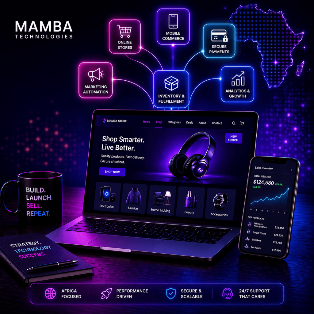 A futuristic, neon-lit promotional graphic for Mamba Technologies' e-commerce solutions. A sleek laptop displays a modern online store interface featuring product categories, shopping features, and a “Shop Smarter. Live Better.” message. Glowing connected icons above the laptop represent key e-commerce capabilities including Online Stores, Mobile Commerce, Secure Payments, Marketing Automation, Inventory & Fulfillment, and Analytics & Growth. A smartphone shows sales performance dashboards and revenue analytics. The scene is set against a dark, high-tech background with purple and blue lighting accents and a subtle map of Africa, emphasizing digital commerce and business growth across African markets. Supporting elements include a coffee mug and notebook with motivational business slogans. The design conveys innovation, automation, scalability, and 24/7 online sales.