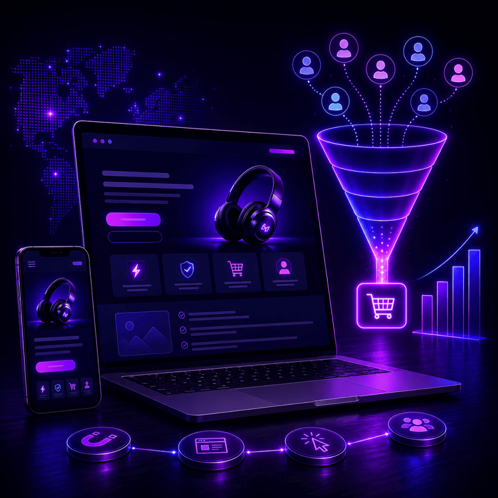 A futuristic, neon-lit digital marketing and web design scene featuring a laptop and smartphone displaying a modern landing page interface. A glowing conversion funnel visualizes website visitors being transformed into customers, with connected user icons flowing into a shopping cart. Analytics charts show business growth and increased conversions. The scene uses vibrant purple and blue lighting with a subtle global digital backdrop, symbolizing high-converting landing pages, lead generation, customer acquisition, and digital growth for businesses in Africa. Clean, professional, technology-focused 3D illustration with no text or logos.