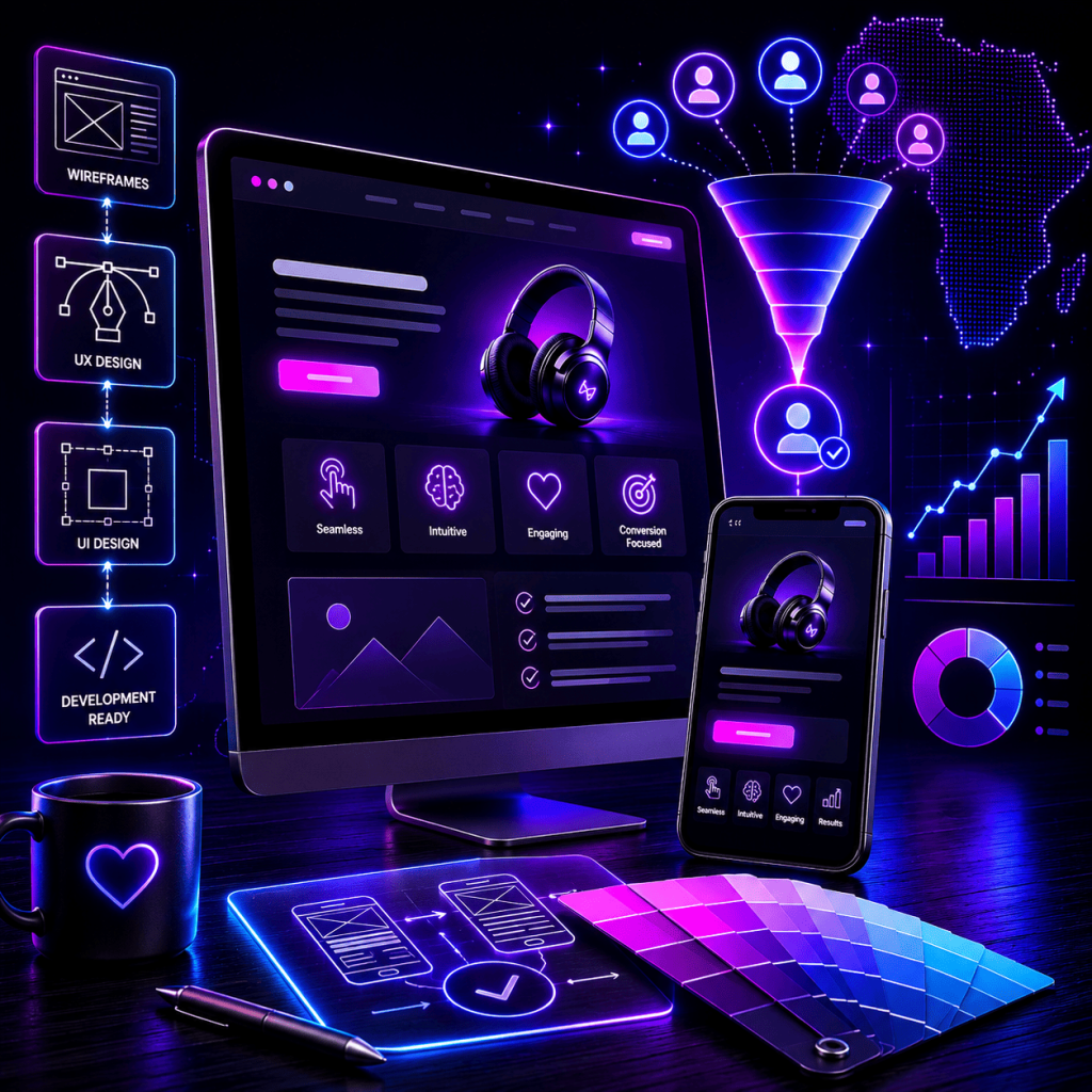 A premium, futuristic UX and UI design workspace rendered in vibrant neon blue and purple lighting. A large desktop monitor and smartphone display beautifully designed website and mobile app interfaces, representing responsive digital experiences. Floating design workflow panels illustrate the progression from wireframes to UX design, UI design, and development-ready assets. A glowing customer journey funnel connects user profiles to a successful conversion, while analytics dashboards and growth charts visualize improved engagement and business performance. Design tools, interface prototypes, and color palettes sit on a sleek workstation, symbolizing professional user experience design that transforms visitors into loyal customers. High-end 3D digital illustration with a modern technology aesthetic, focused on usability, customer satisfaction, and measurable business results.