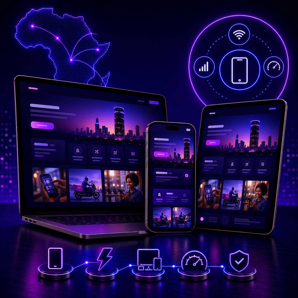 A premium futuristic digital illustration showcasing a mobile-first digital platform displayed seamlessly across a laptop, smartphone, and tablet. Each device presents a consistent, responsive user experience optimized for different screen sizes. A glowing map of Africa with connected network points symbolizes digital connectivity across the continent. Neon blue and purple interface elements, performance icons, and mobile technology visuals highlight speed, responsiveness, security, and accessibility. The scene emphasizes how modern users browse primarily on mobile devices, with a sleek, high-tech aesthetic representing mobile-ready websites, digital platforms, and scalable online experiences built for Africa's digital economy. No text or logos are present.