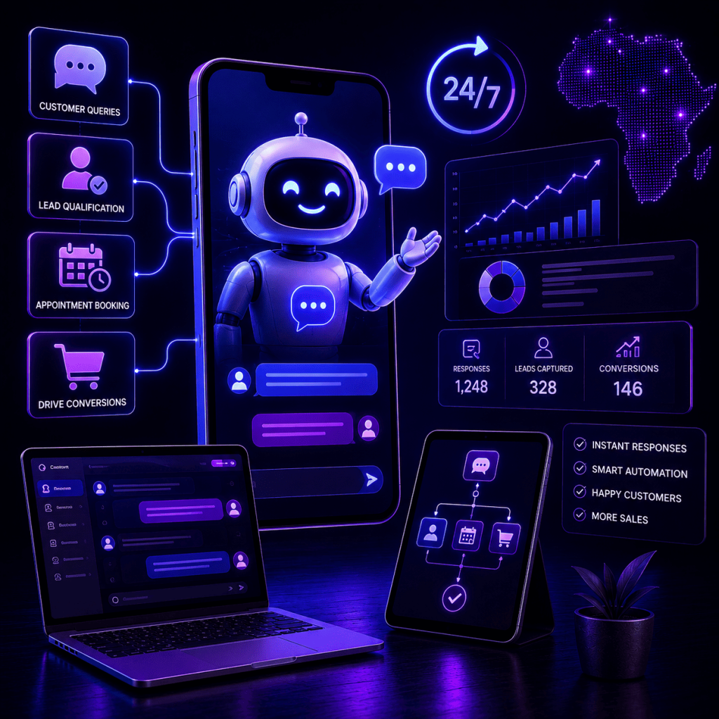 A futuristic AI chatbot platform displayed in a neon-lit digital workspace featuring a large smartphone, laptop, and tablet connected through intelligent automation workflows. At the center, an advanced virtual assistant manages customer conversations across multiple digital channels. Interactive dashboards, conversation flows, analytics charts, appointment scheduling icons, lead qualification pathways, and conversion metrics surround the interface, illustrating how AI automates customer engagement and business operations. A glowing map of Africa in the background symbolizes scalable digital solutions for African businesses. The scene uses vibrant blue and purple lighting with a premium technology aesthetic, representing 24/7 customer support, lead generation, appointment booking, sales automation, and business growth powered by artificial intelligence. No text or logos are present.