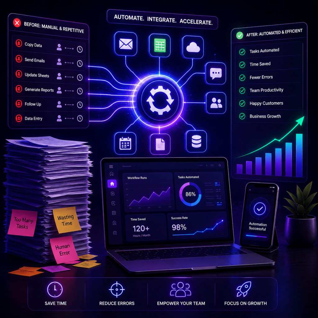 A premium futuristic workflow automation dashboard displayed across a laptop, smartphone, and interconnected digital systems in a neon blue and purple environment. On one side, stacks of paperwork and manual business processes symbolize repetitive tasks, administrative burden, and human error. At the center, an intelligent automation engine connects business functions such as email, customer communication, scheduling, document management, reporting, databases, and workflow processes. On the opposite side, streamlined digital dashboards display automated workflows, performance metrics, efficiency gains, and business growth. The scene visually represents how workflow automation eliminates manual work, reduces errors, improves productivity, and allows teams to focus on strategic, high-value activities that drive business growth. No text or logos are present.