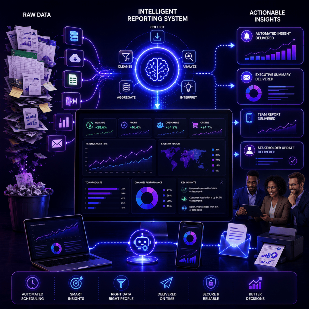A futuristic automated reporting and business intelligence platform visualized in a high-tech neon blue and purple environment. Multiple business data sources—including databases, cloud systems, spreadsheets, CRM platforms, analytics tools, and communication systems—feed into a central intelligent reporting engine. The system transforms complex raw data into clear executive dashboards, performance reports, trend analyses, and actionable business insights displayed across desktop, laptop, tablet, and mobile devices. Automated report distribution workflows deliver personalized insights to decision-makers, managers, and stakeholders. Growth charts, KPI dashboards, predictive analytics, and intelligent data visualizations emphasize business performance, strategic decision-making, operational efficiency, and real-time reporting. The scene represents automated reporting systems that convert data into meaningful insights and deliver the right information to the right people at the right time. No text or logos are present.