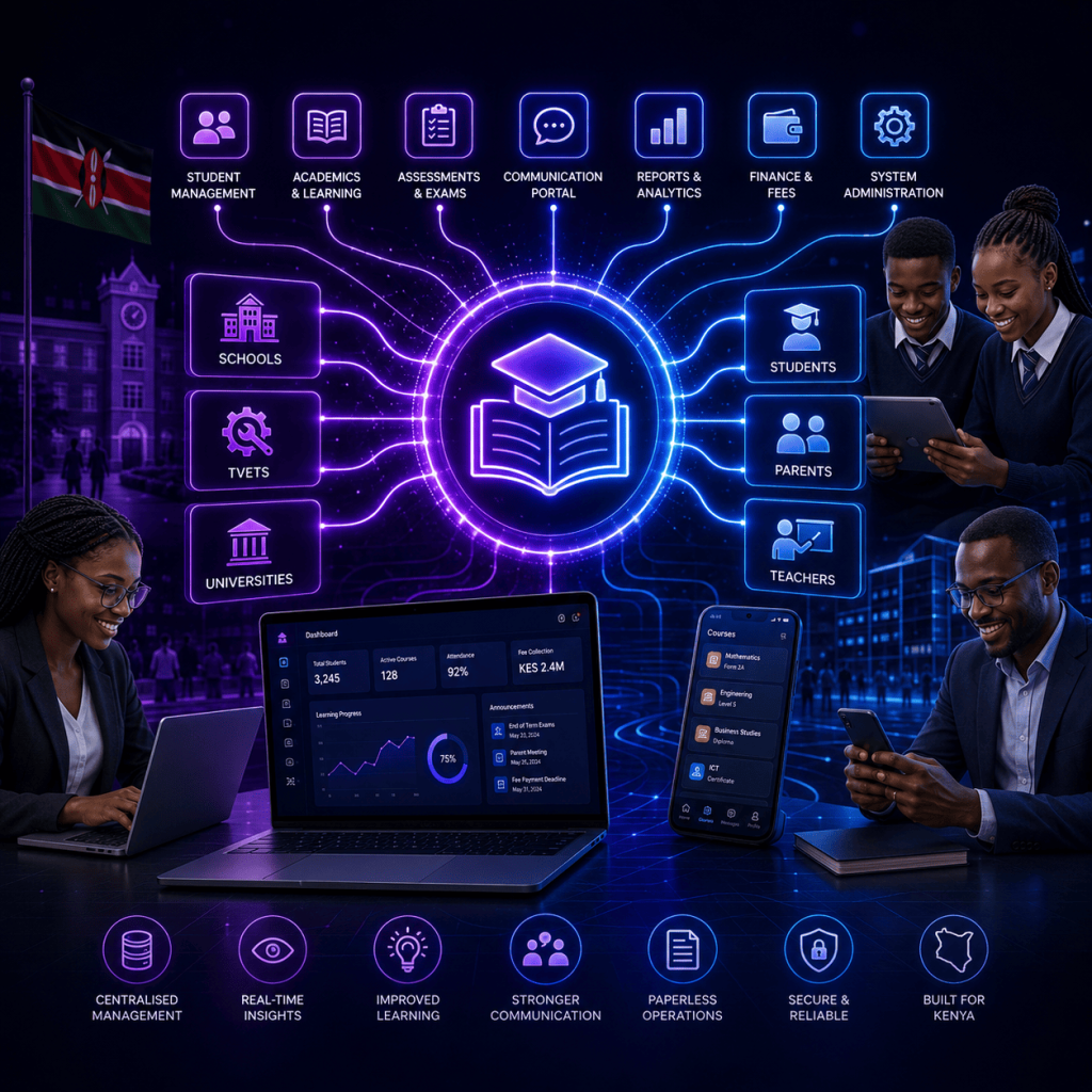 A futuristic education technology illustration featuring a glowing digital learning hub at the center, represented by an open book and graduation cap surrounded by interconnected neon blue and purple data pathways. The platform connects schools, TVET institutions, and universities with modules for student management, academics, assessments, communication, reporting, finance, and administration. African students, teachers, parents, and administrators use laptops, tablets, and smartphones to access educational services and real-time information. A modern digital dashboard displays academic performance, attendance, learning progress, and institutional data. The Kenyan flag and educational buildings in the background emphasize a Kenya-focused solution. The scene conveys intelligent education management, connected learning ecosystems, digital transformation, and seamless communication across educational institutions.