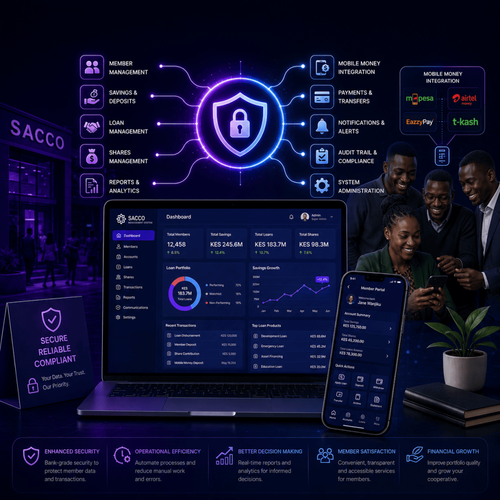 A futuristic SACCO and financial cooperative management platform visualized in neon blue and purple against a dark digital background. At the center, a glowing security shield with a padlock represents data protection and secure financial operations. Connected modules radiate outward, illustrating member management, savings and deposits, loan management, shares administration, reporting and analytics, mobile money integration, payments and transfers, notifications, compliance, and system administration. A laptop displays a SACCO dashboard with member statistics, savings growth, loan portfolio performance, and financial reports, while a smartphone shows a member self-service portal for accessing accounts and transactions. On the right, a group of African professionals collaborates using mobile devices, representing member engagement and digital access. Mobile money services and digital payment integrations are highlighted, emphasizing modern financial connectivity. The overall image conveys secure, efficient, and technology-driven operations for SACCOs, cooperatives, credit unions, and member-based financial institutions.