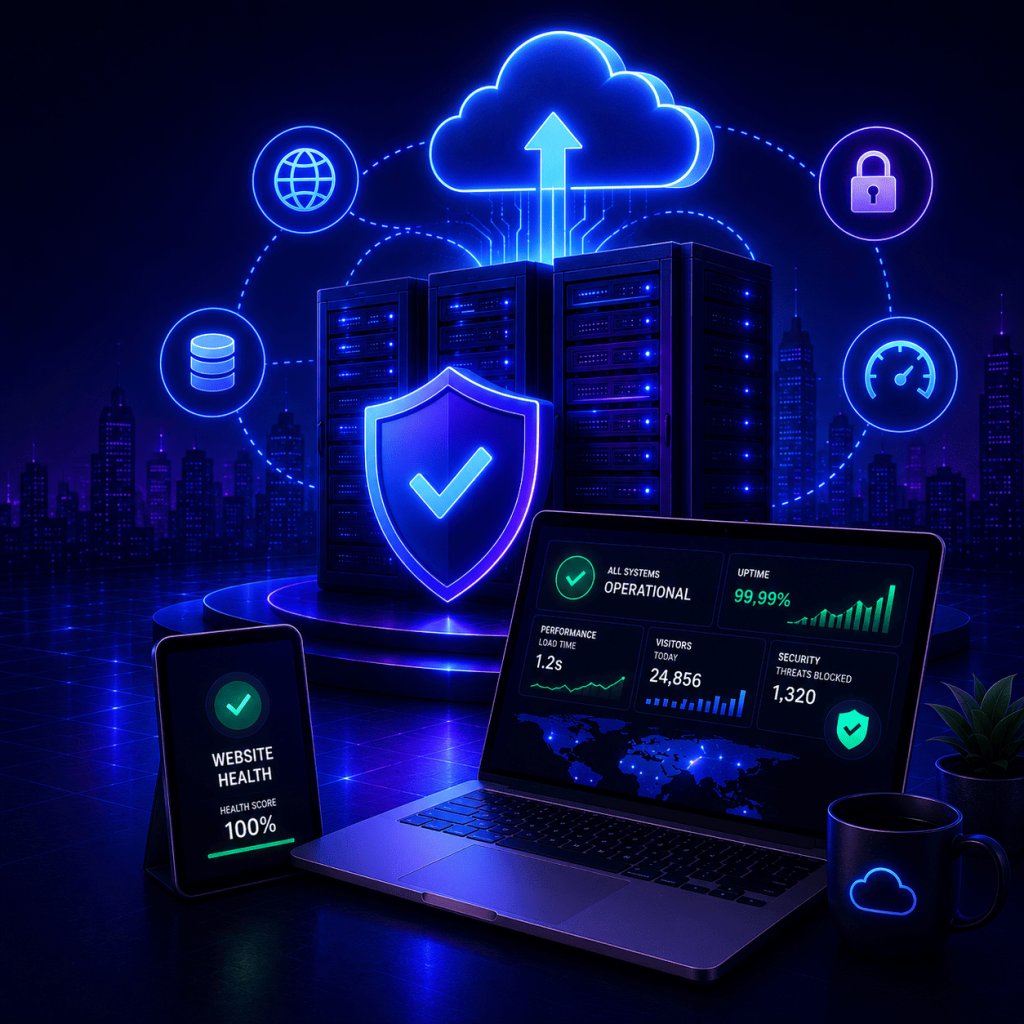 A premium managed hosting and cloud infrastructure environment rendered in a futuristic neon blue and purple style. Secure server racks sit at the center of a highly connected digital ecosystem, linked to cloud services, databases, web applications, security systems, and performance monitoring tools. A large shield icon symbolizes cybersecurity and website protection, while a cloud platform above represents scalable hosting infrastructure. In the foreground, a laptop and mobile device display real-time website health, uptime monitoring, performance metrics, visitor analytics, and security status dashboards. The scene conveys proactive website management, cloud hosting, infrastructure monitoring, performance optimization, cybersecurity, reliability, and continuous digital operations. Designed to represent enterprise-grade managed hosting services that keep websites fast, secure, monitored, and available around the clock. No logos are present, with only operational dashboard information visible on device screens.