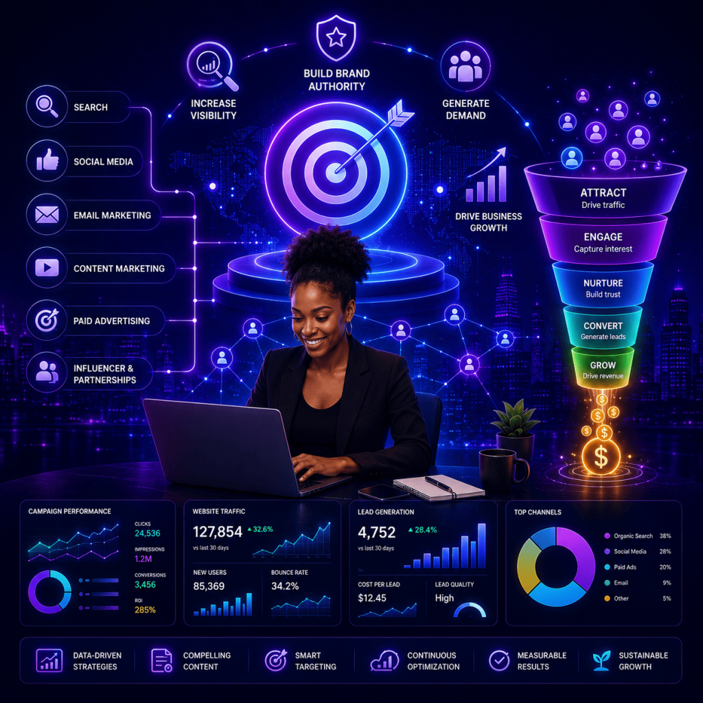 A premium digital marketing ecosystem visualized in a futuristic neon blue and purple environment. At the center, a marketing strategist works on a laptop while connected dashboards display website traffic, lead generation, campaign performance, audience growth, and conversion metrics. Multiple digital channels—including search, social media, email marketing, content marketing, paid advertising, and partnerships—feed into an integrated marketing strategy. A glowing target symbolizes brand positioning and demand generation, while a conversion funnel illustrates the customer journey from awareness and engagement to leads, customers, and revenue. Interactive analytics panels show measurable business growth, performance trends, and optimization insights. The scene represents data-driven digital marketing that increases visibility, strengthens brand authority, generates demand, and supports sustainable business growth. No logos are present. I prefer this response