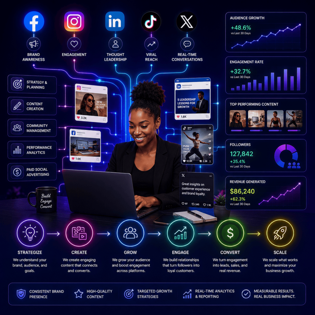 A vibrant, futuristic digital marketing workspace featuring a social media strategist managing multiple online platforms from a laptop. Floating content cards, audience engagement visuals, and connected social media channels surround the workspace, representing coordinated content creation and community management. Interactive dashboards display audience growth, engagement trends, campaign performance, follower activity, and business results. Colorful neon blue, purple, and pink accents connect content, audiences, and revenue outcomes through a seamless digital ecosystem. The scene symbolizes professional social media management that builds brand awareness, grows online communities, increases engagement, and transforms social media activity into measurable business growth and revenue. No text or logos are present.