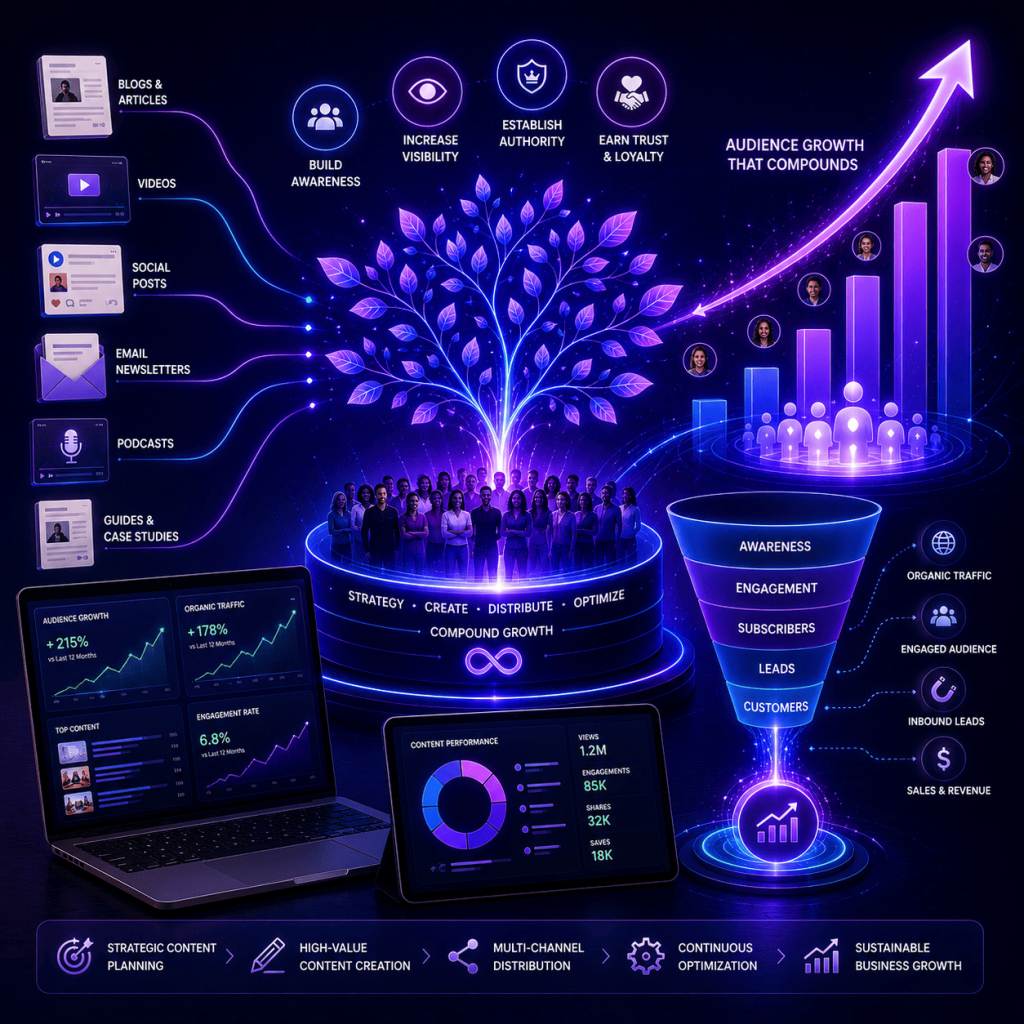 A premium futuristic content marketing ecosystem visualized in a neon blue and purple digital environment. At the center, a thriving digital growth engine transforms strategic content into expanding audience engagement and business growth. Multiple content formats—including articles, videos, social media content, email campaigns, podcasts, and educational resources—flow into an interconnected content distribution network. A growing community of engaged audience members surrounds the platform, while upward-trending growth indicators symbolize increasing visibility, authority, trust, and market influence. Advanced analytics dashboards display organic traffic growth, audience engagement, content performance, and lead generation metrics. A sophisticated conversion pathway illustrates how content attracts prospects, nurtures relationships, builds credibility, and converts audience members into qualified leads and customers over time. The scene represents a sustainable content strategy that compounds in value, creating long-term audience growth, thought leadership, and predictable inbound demand. No text or logos are present.